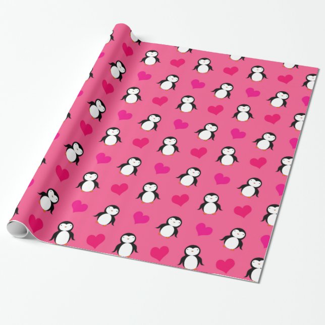 Cute pink penguin hearts pattern wrapping paper (Unrolled)