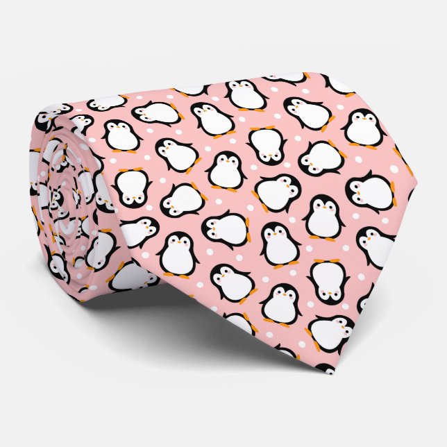 Cute pink penguin pattern neck tie (Rolled)