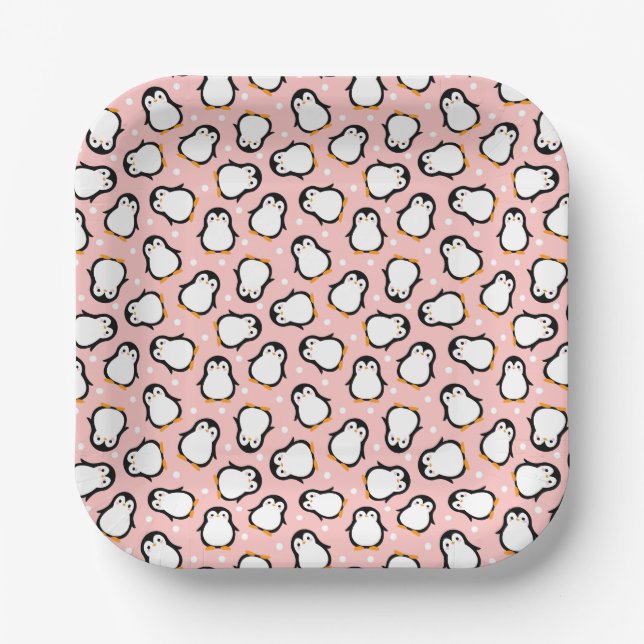 Cute pink penguin pattern paper plates (Front)