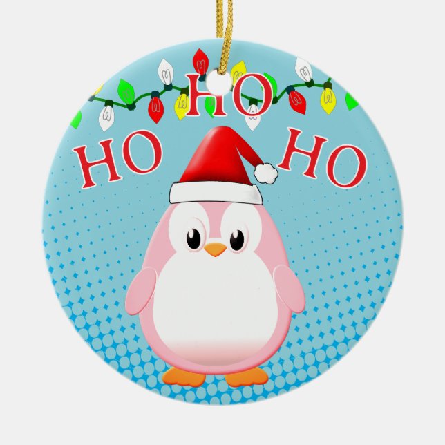 Cute Pink Penguin Santa Hat Christmas Lights Ceramic Ornament (Front)