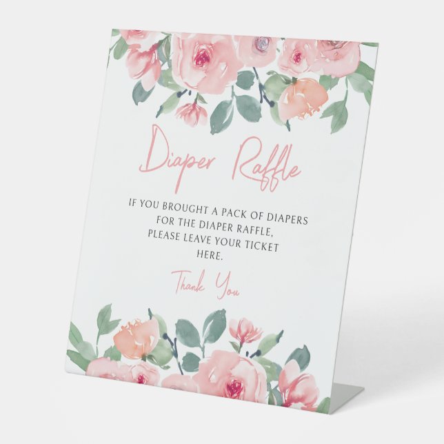 Cute pink peonies baby shower diaper raffle sign (Front)