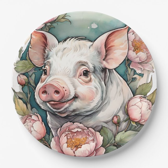 Cute Pink Peony Piggy pet Pig                      Paper Plates (Front)