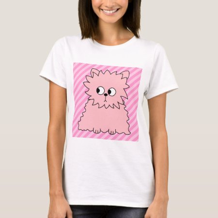 Cute Pink Persian Cat. Pink Striped Background. T-shirt
