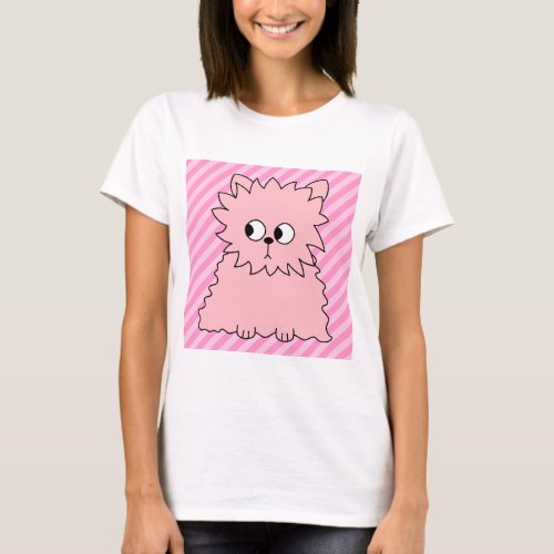 Cute Pink Persian Cat Pink Striped Background T_Shirt
