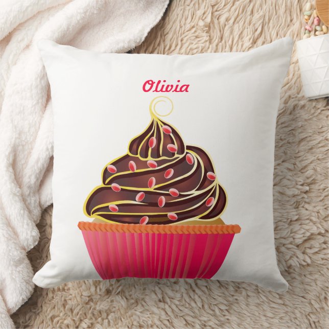 Cute Pink Personalized Cupcake Sprinkles Throw Pillow (Blanket)