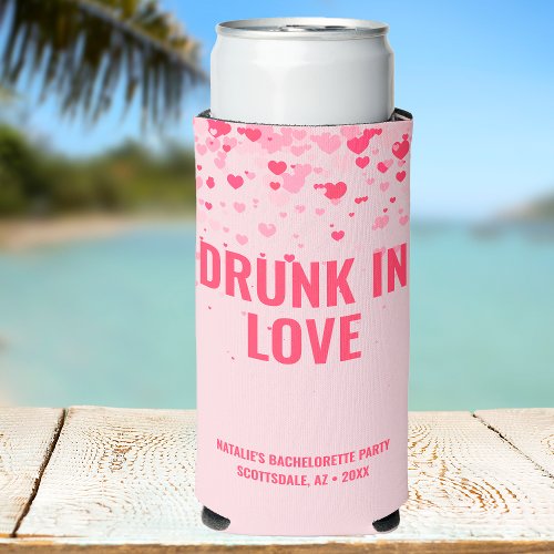 Cute Pink Personalized Drunk in Love Bachelorette Seltzer Can Cooler
