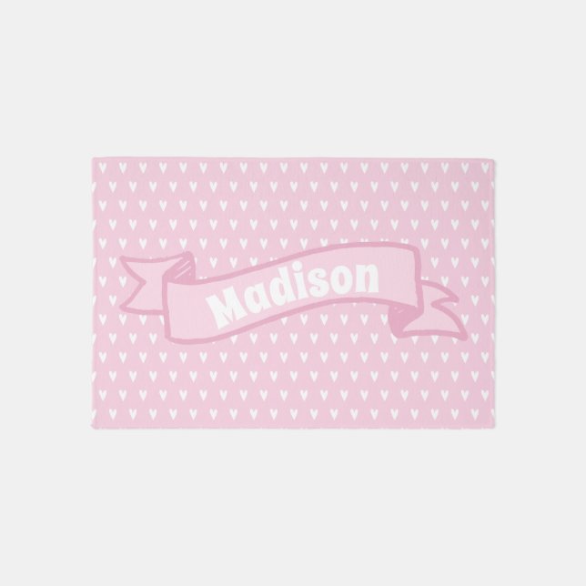 Cute Pink Personalized Hearts Kids or Nursery Rug (Front)