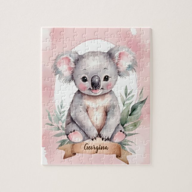 Cute Pink Personalized Koala Kids Jigsaw Puzzle (Vertical)
