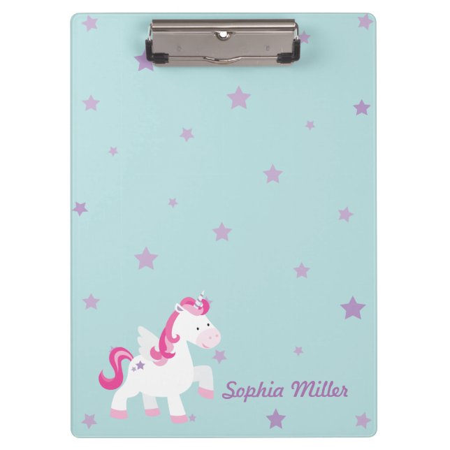 Cute Pink Personalized Magical Unicorn Clipboard (Front)