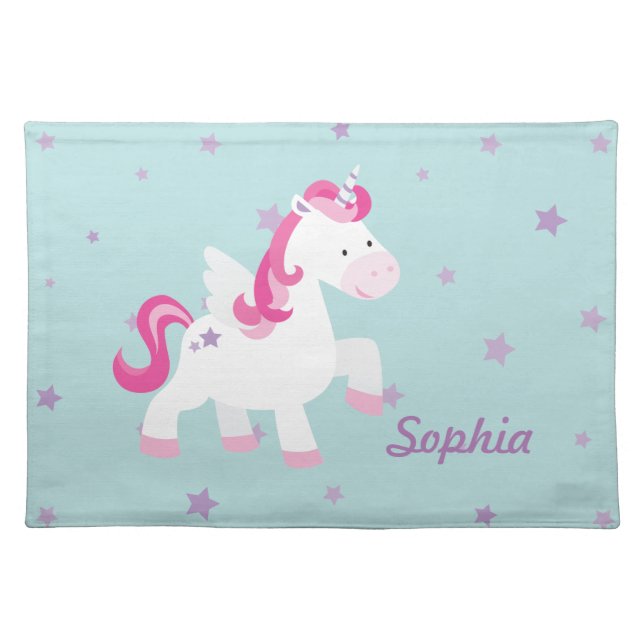 Cute Pink Personalized Magical Unicorn Placemat (Front)