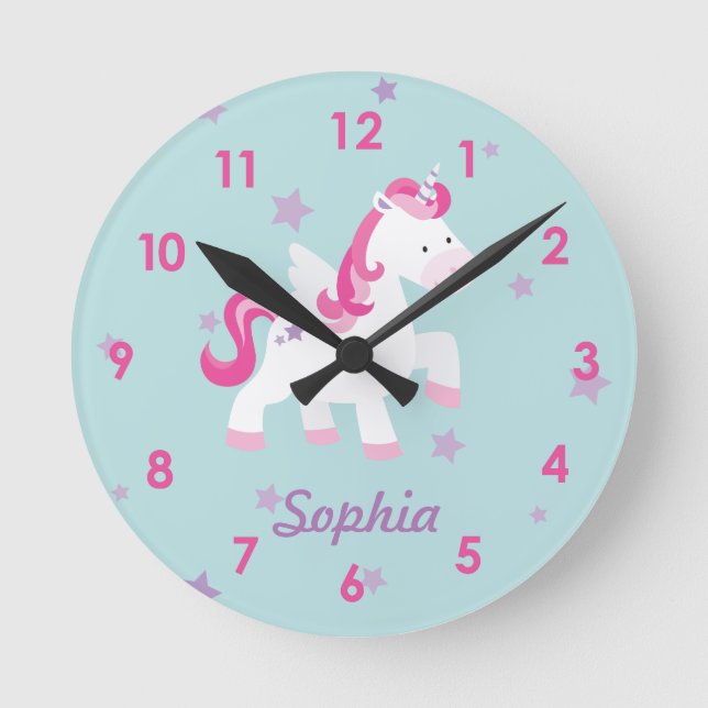 Cute Pink Personalized Magical Unicorn Wall Clock (Front)