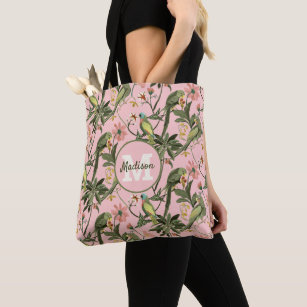 Cute Pink Personalized Monogram Tropical Parrot Tote Bag