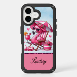Cute Pink Personalized/Name Flamingo Beach Vibes iPhone 16 Case
