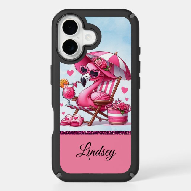 Cute Pink Personalized/Name Flamingo Beach Vibes Speck iPhone Case (Front)