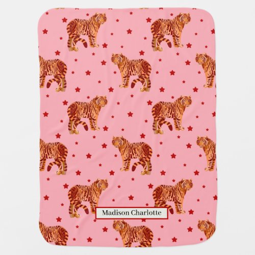 Cute Pink Personalized Tiger Stars Pattern Newborn Baby Blanket