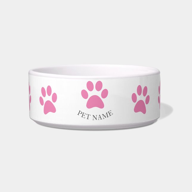 Cute Pink Pet Paw Print with Name Bowl (Front)