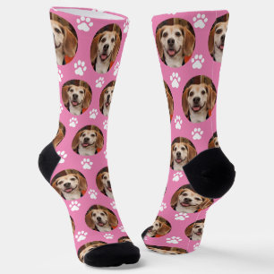 Cute Pink Pet Photo Paw Prints Custom Socks