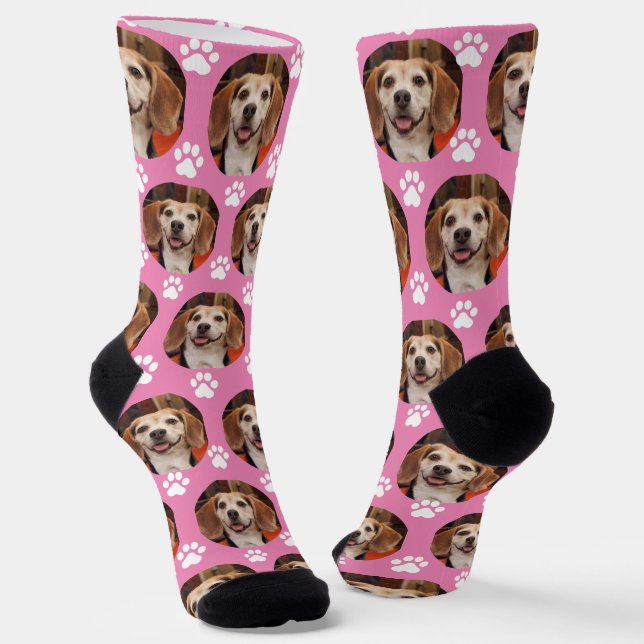  Cute Pink Pet Photo Paw Prints Custom  Socks (Angled)
