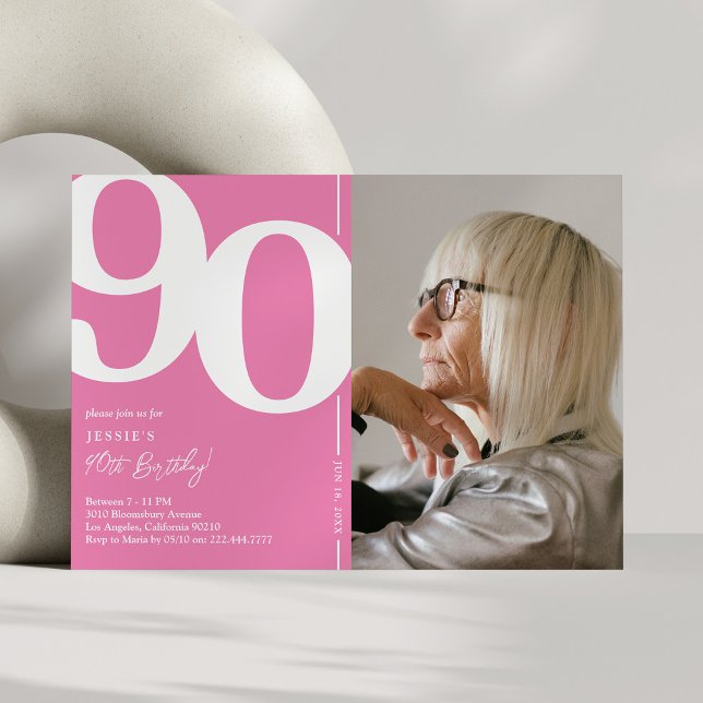 Cute Pink Photo 90th Birthday Party Invitation (Creator Uploaded)