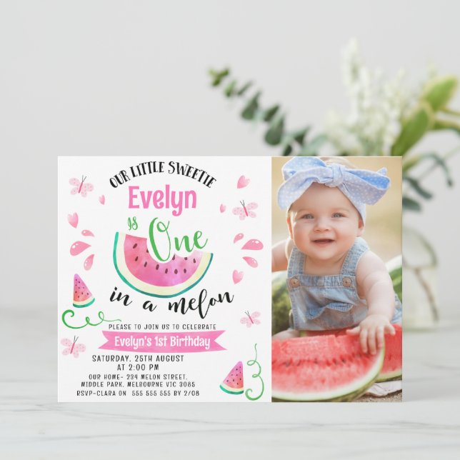 Cute Pink Photo One In A Melon 1st Birthday Invitation (Standing Front)