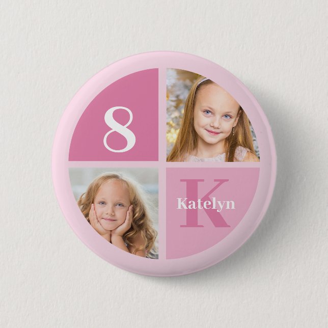 Cute Pink Photo Personalized Birthday Girl Party Button (Front)