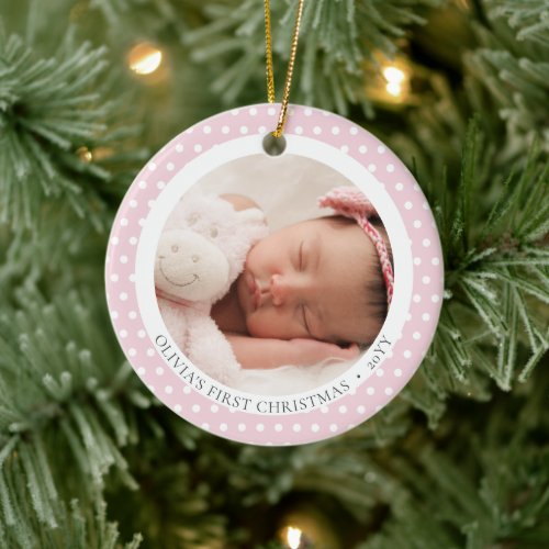 Cute Pink Photo Religious Babys 1st Christmas Ceramic Ornament