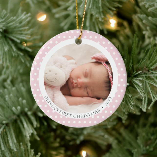 Cute Pink Photo Religious Baby's 1st Christmas Ceramic Ornament (Tree)