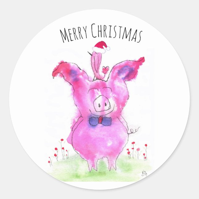 Cute Pink Pig and Bird Christmas Classic Round Sticker (Front)