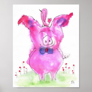 Cute Pink Pig and Bird Poster 8x10"