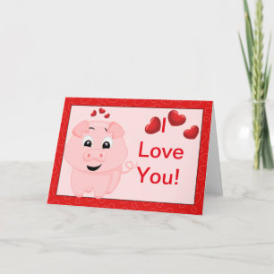 Cute Pink Pig and Hearts Card
