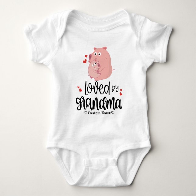 Cute Pink Pig and Piglet - Loved by Grandma Baby Bodysuit (Front)