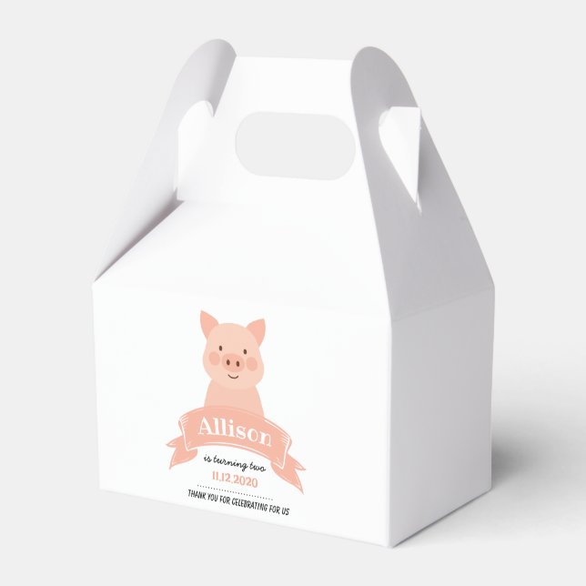 Cute Pink Pig Birthday Party | Thank You Favor Boxes (Front Side)