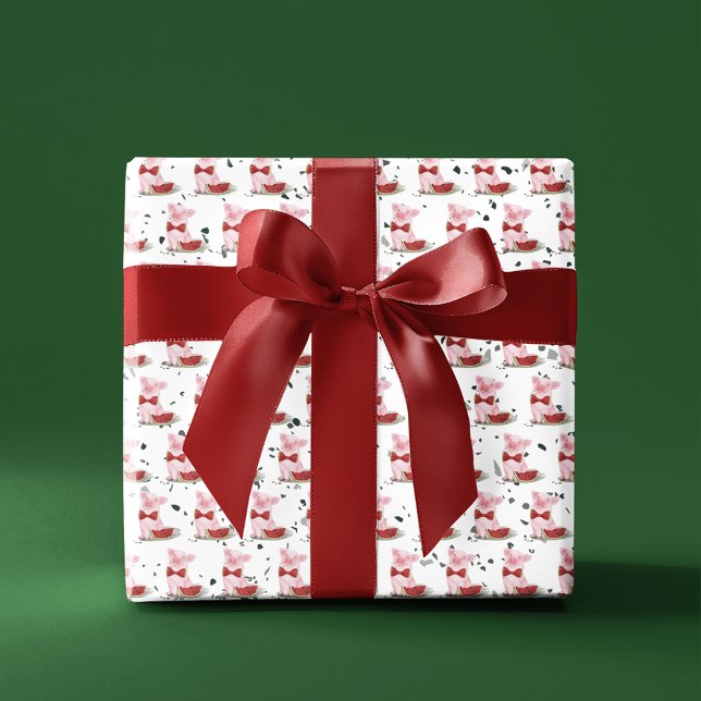 Cute Pink Pig Bowtie Watermelon Pattern Terrazzo Wrapping Paper (Creator Uploaded)