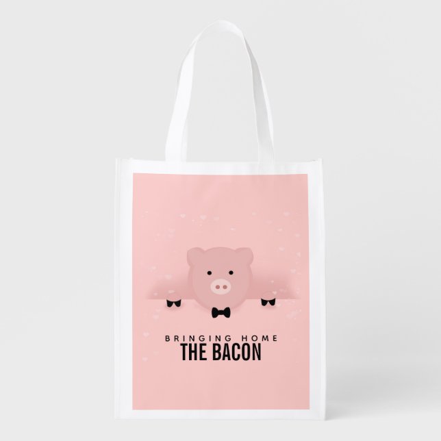 Cute Pink Pig Bringing Home the Bacon Grocery Bag (Front)