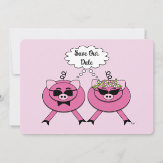 Cute Pink Pig Couple Save the Date | Back Photo Invitation
