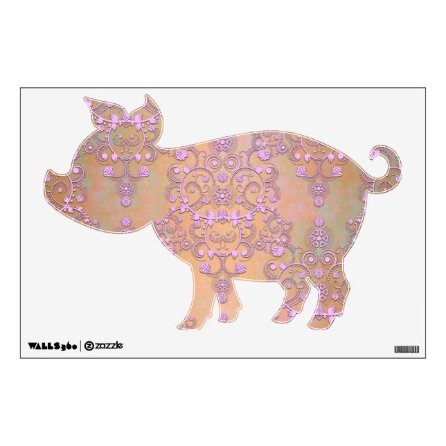 Cute Pink Pig Damask Wall Decal (Front)