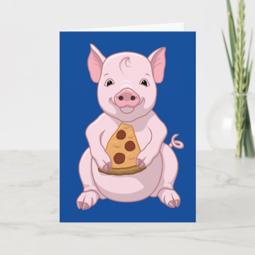 Cute Pink Pig Eating Pizza Holiday Card