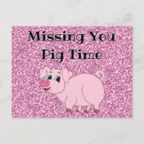 Cute Pink Pig Glitter Postcard