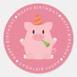 Cute Pink Pig Happy Birthday Classic Round Sticker