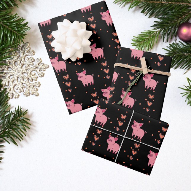 Cute Pink Pig & Hearts Wrapping Paper Sheets (Creator Uploaded)