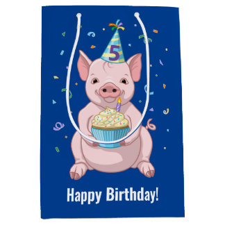Cute Pink Pig Kids Birthday Party Animal Cake Hat Medium Gift Bag