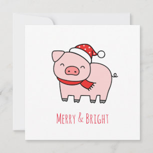 Cute Pink Pig Merry and Bright Minimalist Holiday Card