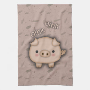 Cute Pink Pig Oink Pink Background Kitchen Towel