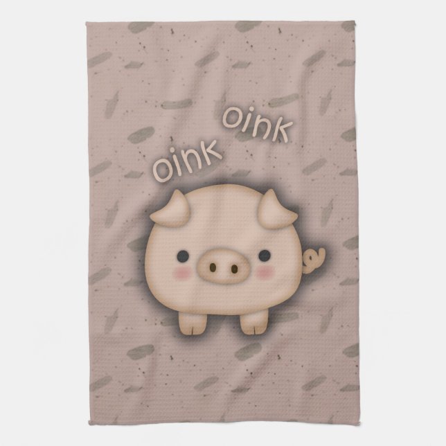 Cute Pink Pig Oink Pink Background Kitchen Towel (Vertical)