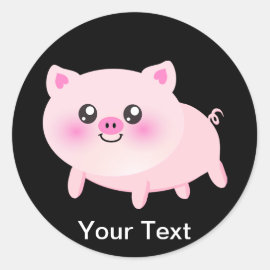Cute Pink Pig on Black Classic Round Sticker