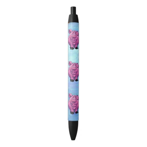 Cute Pink Pig on Blue Writing Black Ink Pen