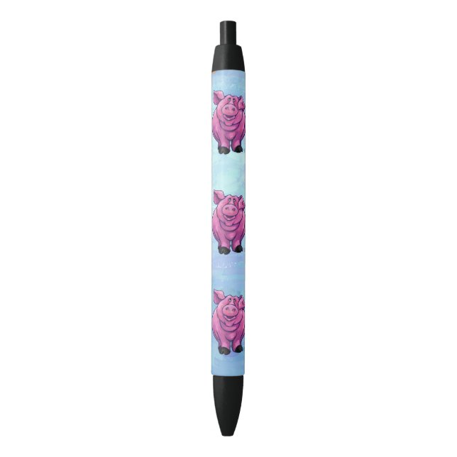 Cute Pink Pig on Blue Writing Pen (Front Vertical)