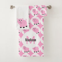 Cute Pink Pig Pattern Kids Monogrammed Animal Bath Towel Set
