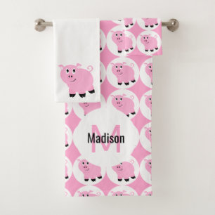 Cute Pink Pig Pattern Kids Monogrammed Animal Bath Towel Set