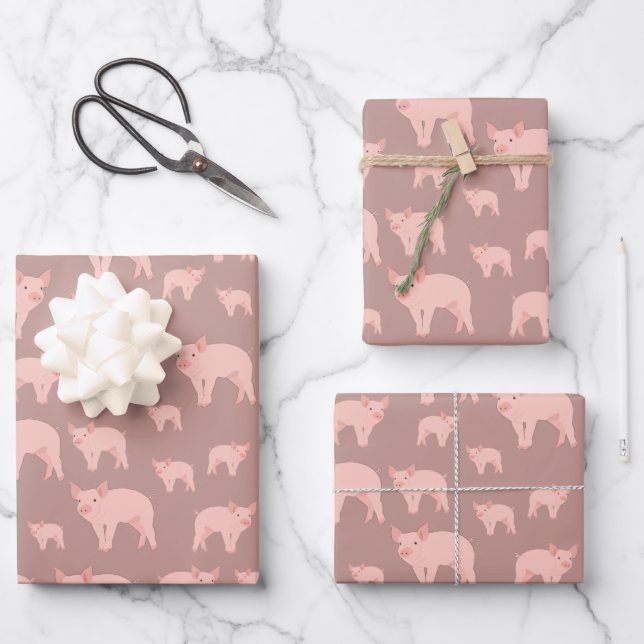 Cute Pink Pig Pattern Wrapping Paper Sheets (Front)